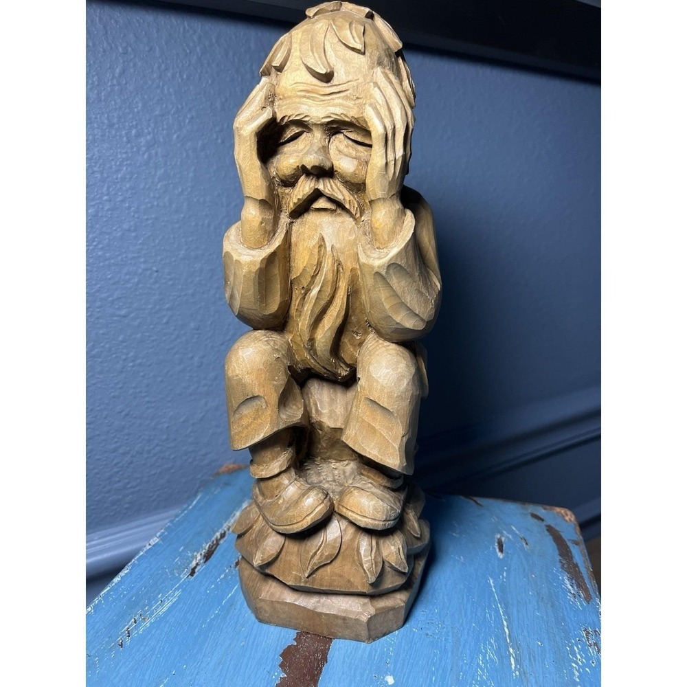 Vintage Hand-Carved‎ Wooden Figure Bearded Man with Head in Hand Folk Art Sculpt